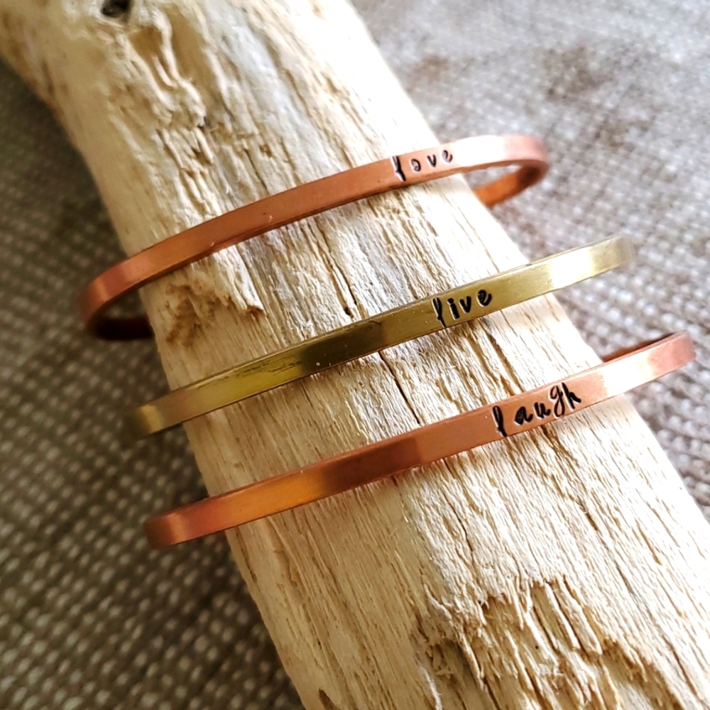 3 bracelets copper and brass live love laugh